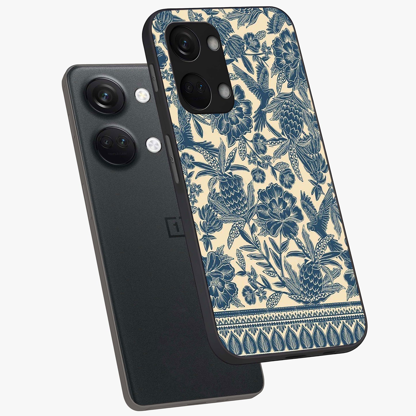 Heirloom Wild Bloom Glass Case for 1+Nord 3 angled mockup showcasing glossy finish and rich botanical textures