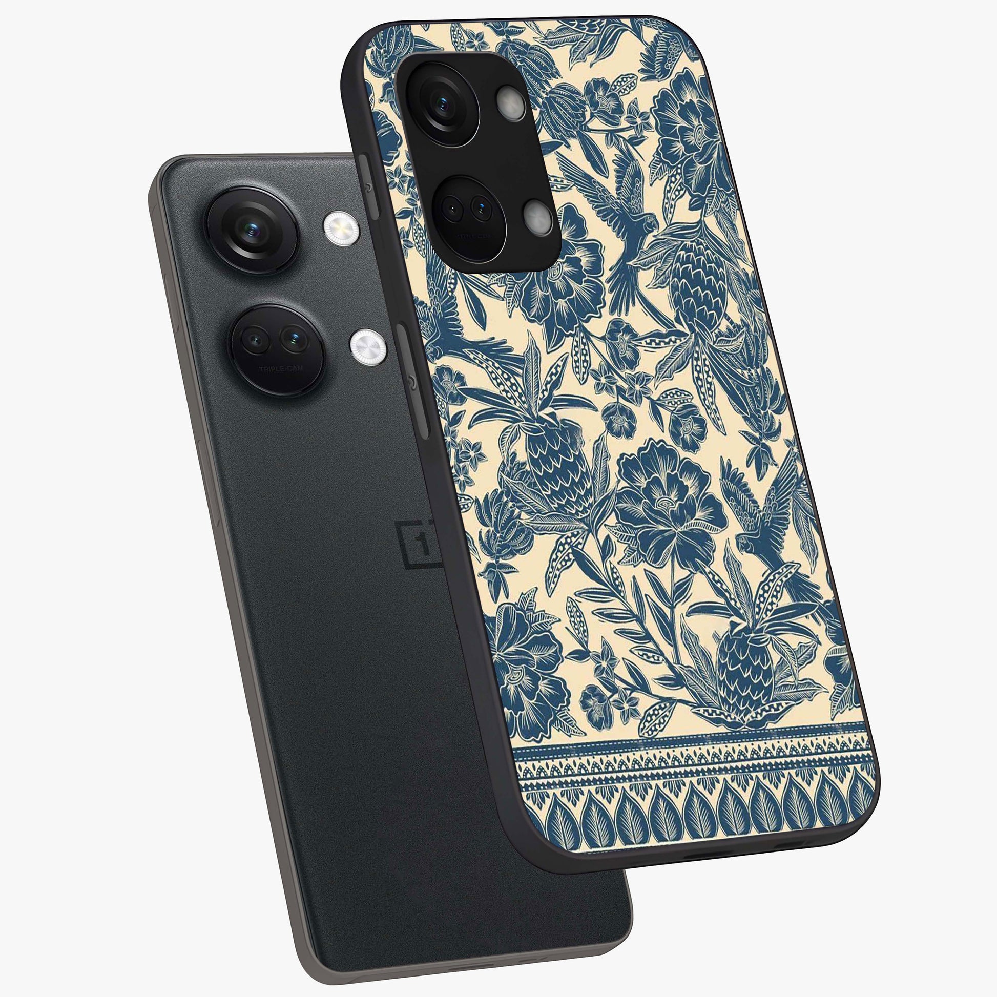 Heirloom Wild Bloom Glass Case for 1+Nord 3 angled mockup showcasing glossy finish and rich botanical textures