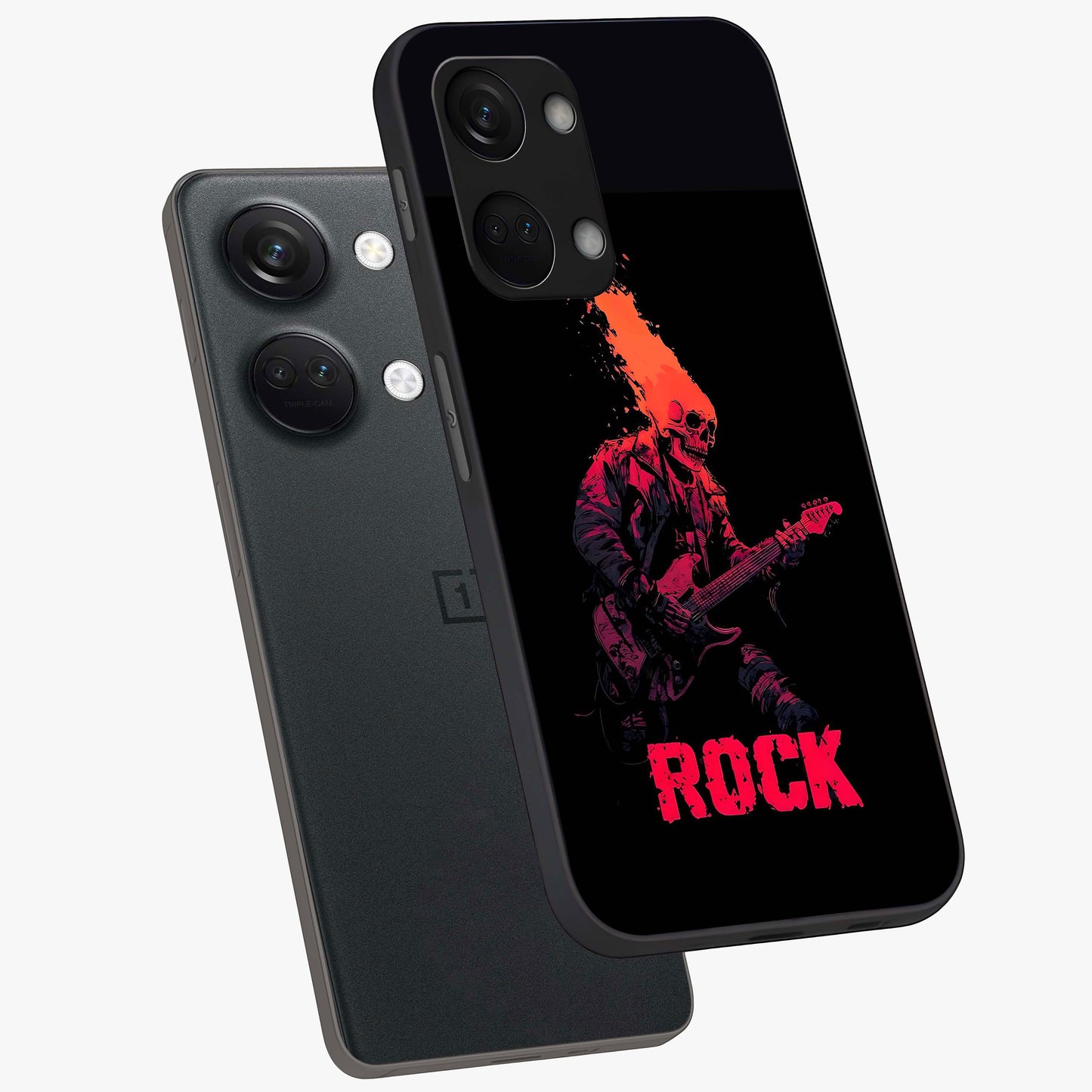 Hellfire Rock Anthem Glass Case for 1+Nord 3 captured at a warm angle highlighting bold flame tones, gloss, and edge clarity.