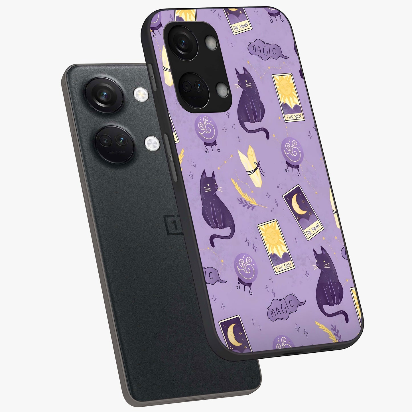 Humble Magic Cats Glass Case for 1+Nord 3 captured at a warm angle highlighting playful magical details, gloss, and edge clarity.