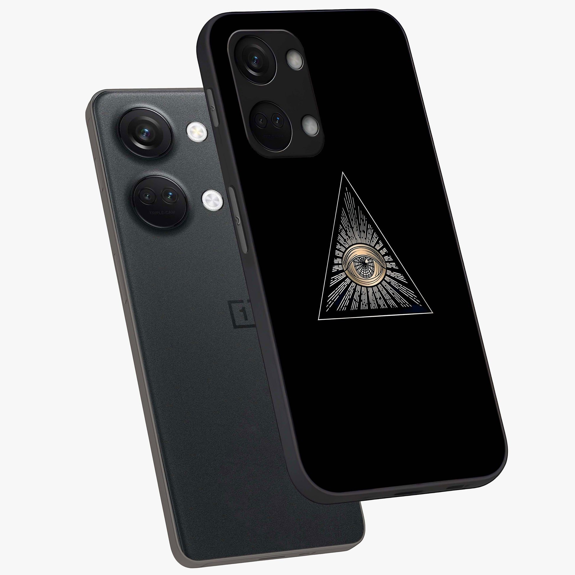 Illuminati Evil Glass Case for 1+Nord 3 captured at a warm angle highlighting sharp graphic details, gloss, and edge clarity.