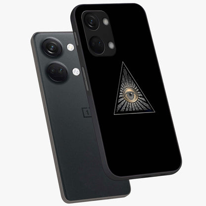 Illuminati Evil Glass Case for 1+Nord 3 captured at a warm angle highlighting sharp graphic details, gloss, and edge clarity.
