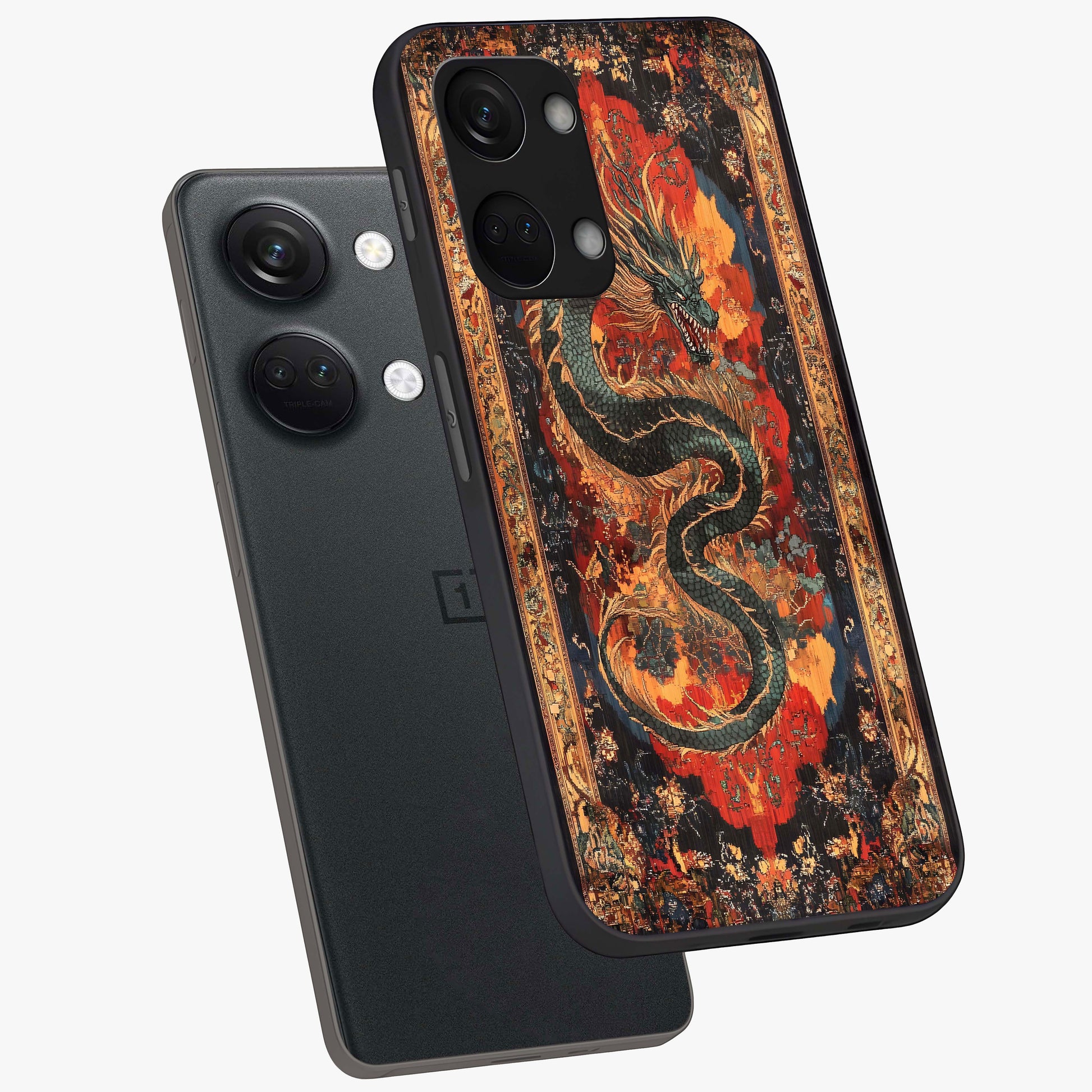 Inferno Dragon Soul Glass Case for 1+Nord 3 captured at a warm angle highlighting fierce fire tones, gloss, and edge clarity.