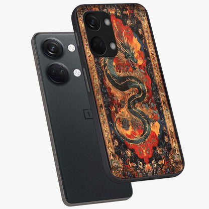 Inferno Dragon Soul Glass Case for 1+Nord 3 captured at a warm angle highlighting fierce fire tones, gloss, and edge clarity.