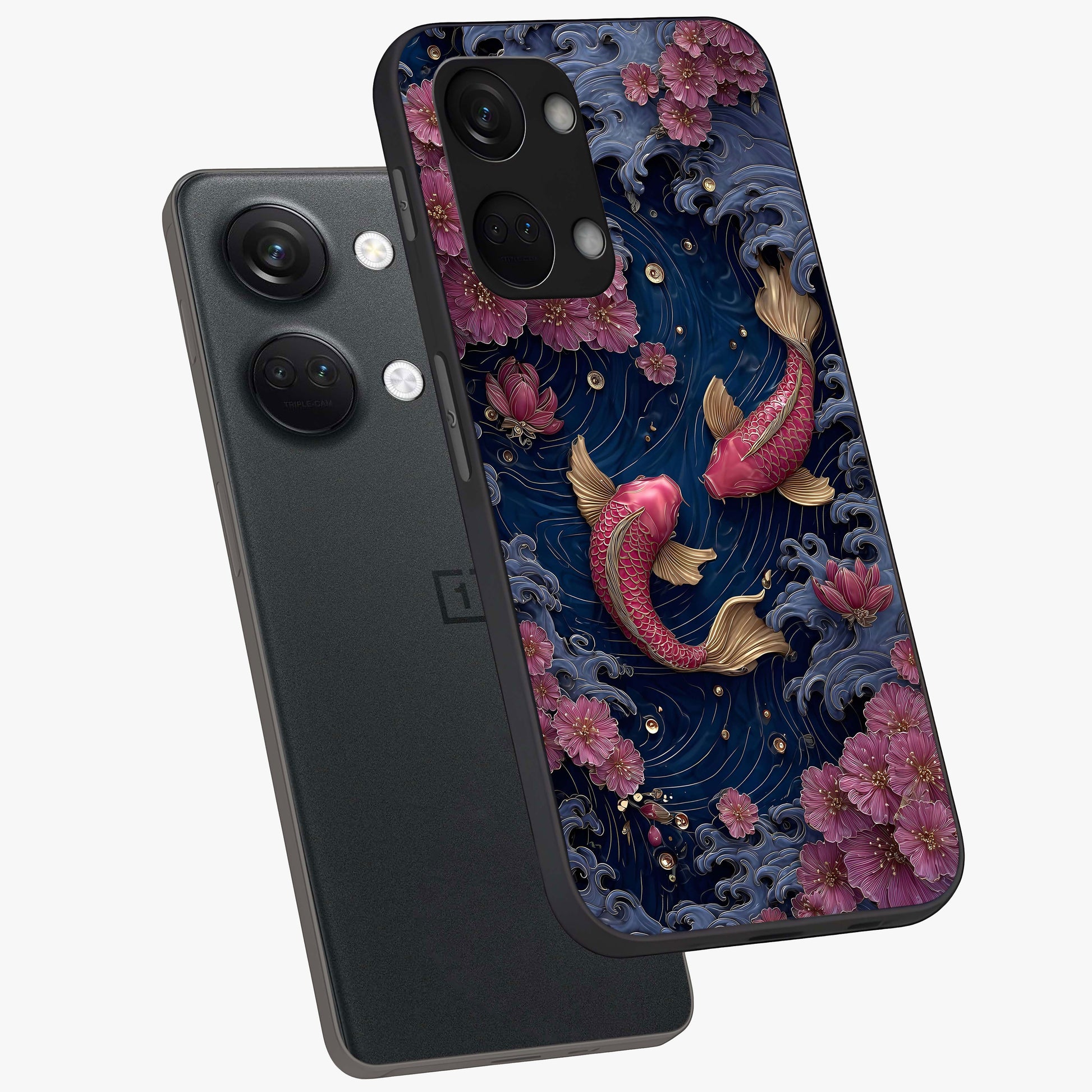 Koi Wave Dance Glass Case for 1+Nord 3 angled mockup showcasing glossy finish and vibrant aquatic tones