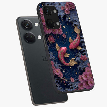 Koi Wave Dance Glass Case for 1+Nord 3 angled mockup showcasing glossy finish and vibrant aquatic tones