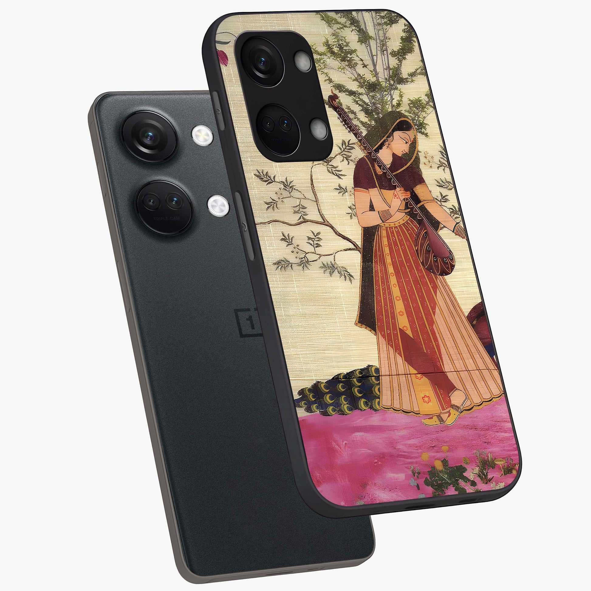 Lady With Veena Art Glass Case for 1+Nord 3 angled mockup showcasing glossy finish and refined artistic detailing