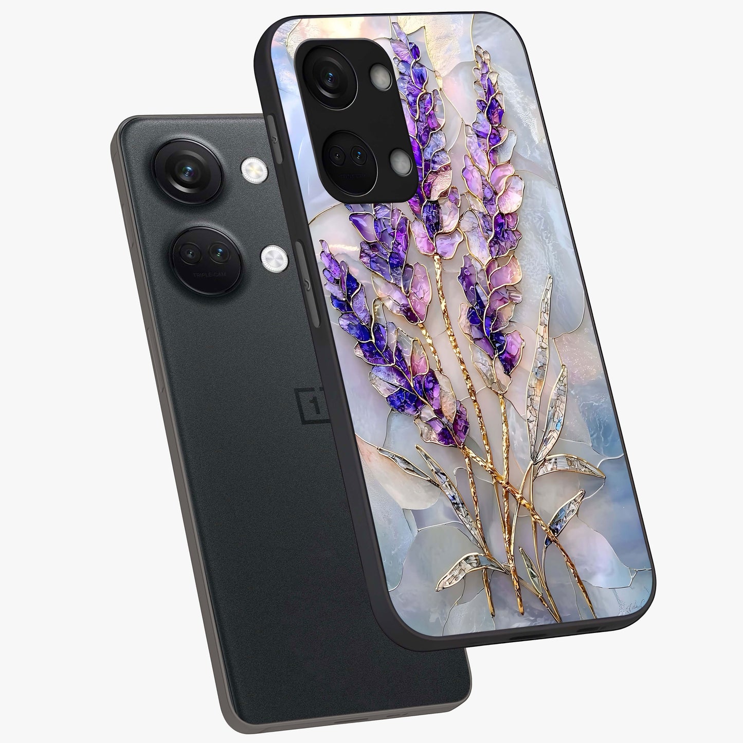 Lavender Dream Glow Glass Case for 1+Nord 3 angled mockup showcasing glossy finish and luminous purple gradients