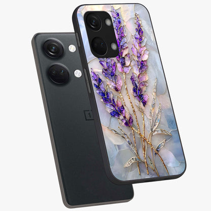 Lavender Dream Glow Glass Case for 1+Nord 3 angled mockup showcasing glossy finish and luminous purple gradients
