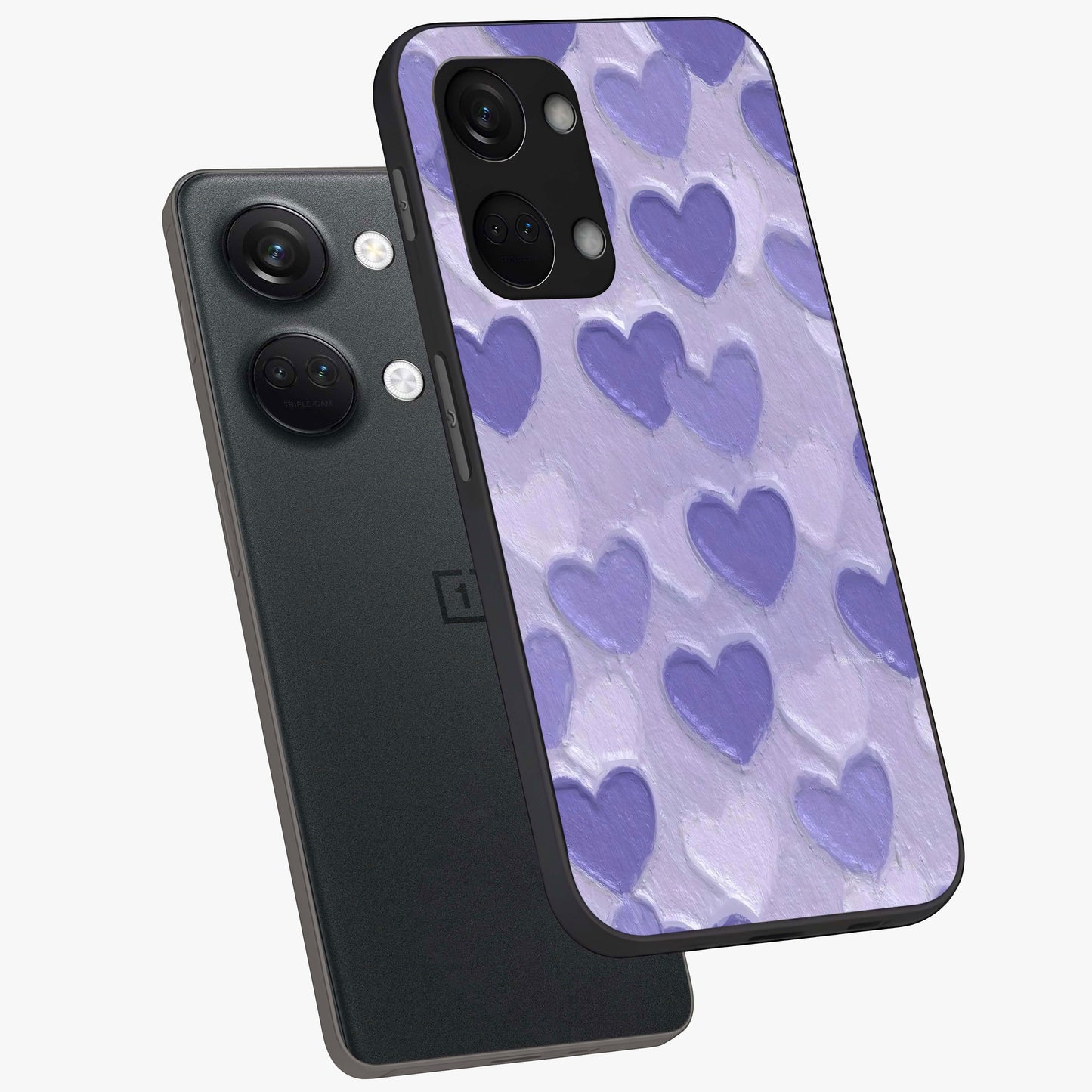 Lavender Paper Hearts Glass Case for 1+Nord 3 angled mockup showcasing glossy finish and playful pastel detailing