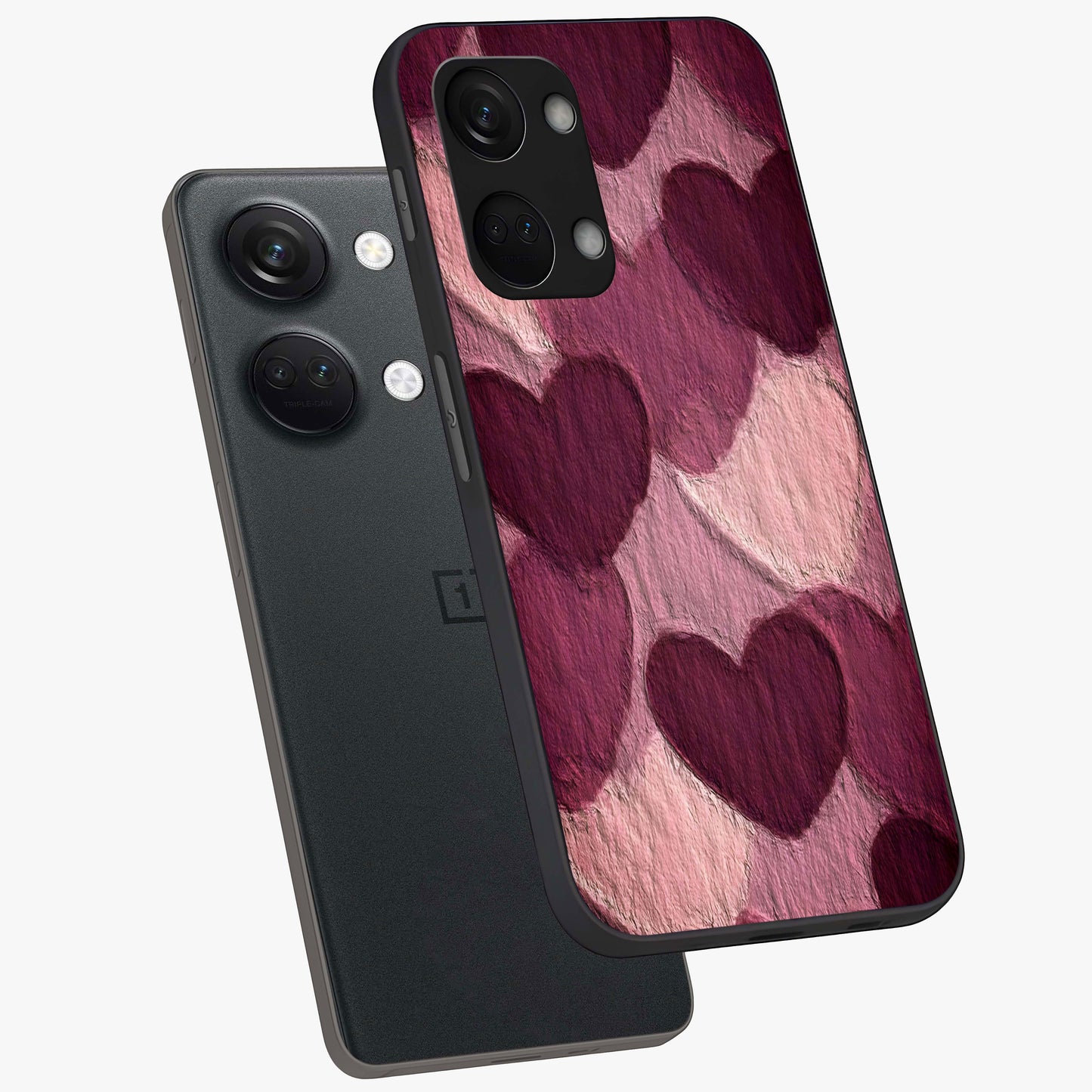 Layered Paper Hearts Glass Case for 1+Nord 3 angled mockup showcasing glossy finish and soft romantic tones