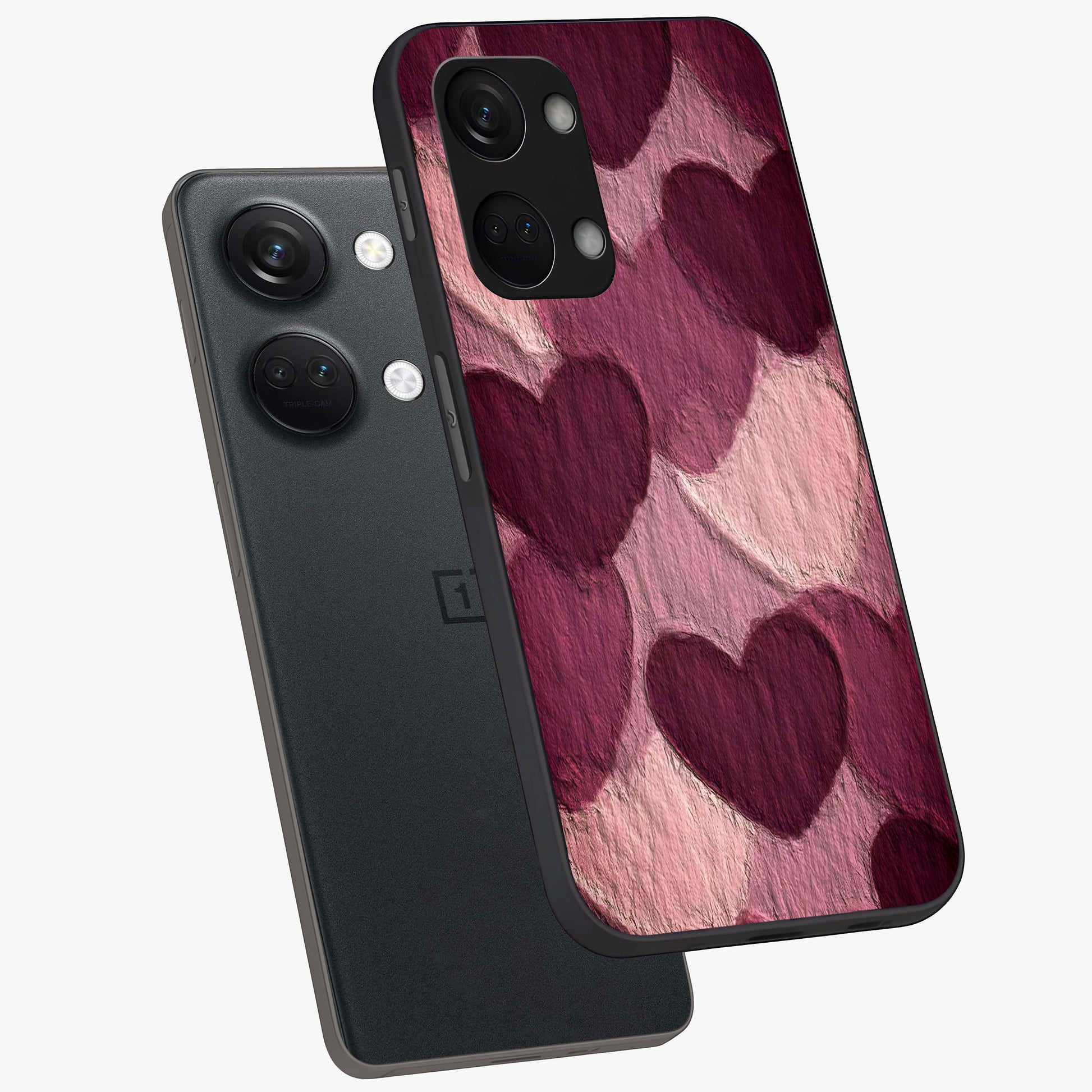 Layered Paper Hearts Glass Case for 1+Nord 3 angled mockup showcasing glossy finish and soft romantic tones