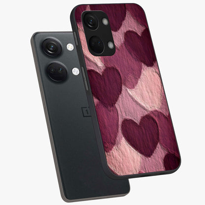 Layered Paper Hearts Glass Case for 1+Nord 3 angled mockup showcasing glossy finish and soft romantic tones