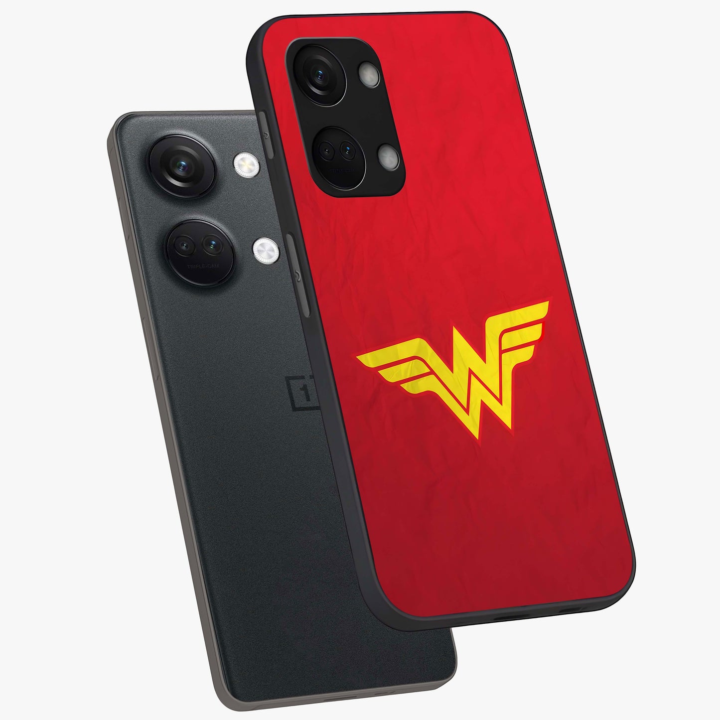 Legendary Wonder Power Glass Case for 1+Nord 3 angled mockup showcasing glossy finish and vibrant power tones