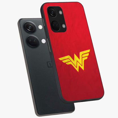 Legendary Wonder Power Glass Case for 1+Nord 3 angled mockup showcasing glossy finish and vibrant power tones