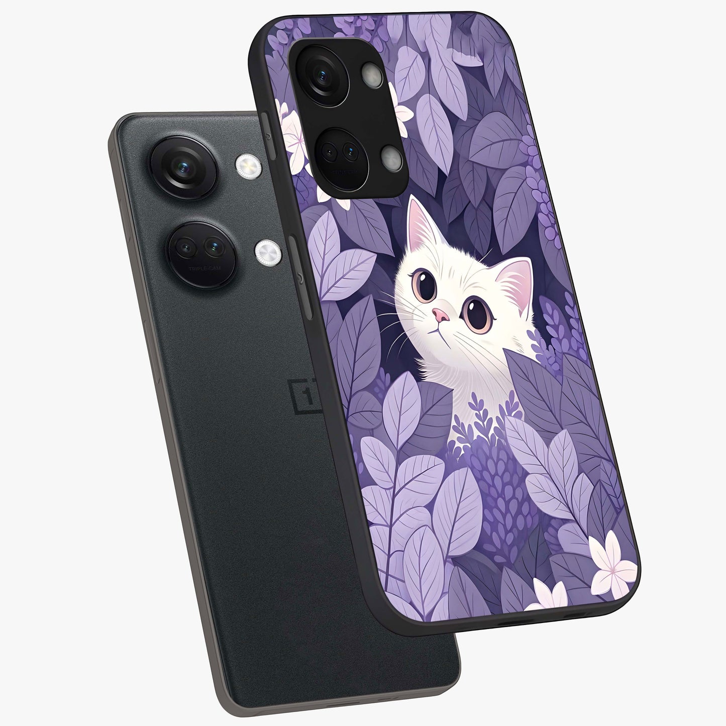 Lilac Hide Peek Cat Glass Case for 1+Nord 3 angled mockup showcasing glossy finish and cute character detailing