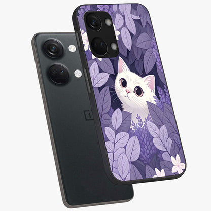 Lilac Hide Peek Cat Glass Case for 1+Nord 3 angled mockup showcasing glossy finish and cute character detailing