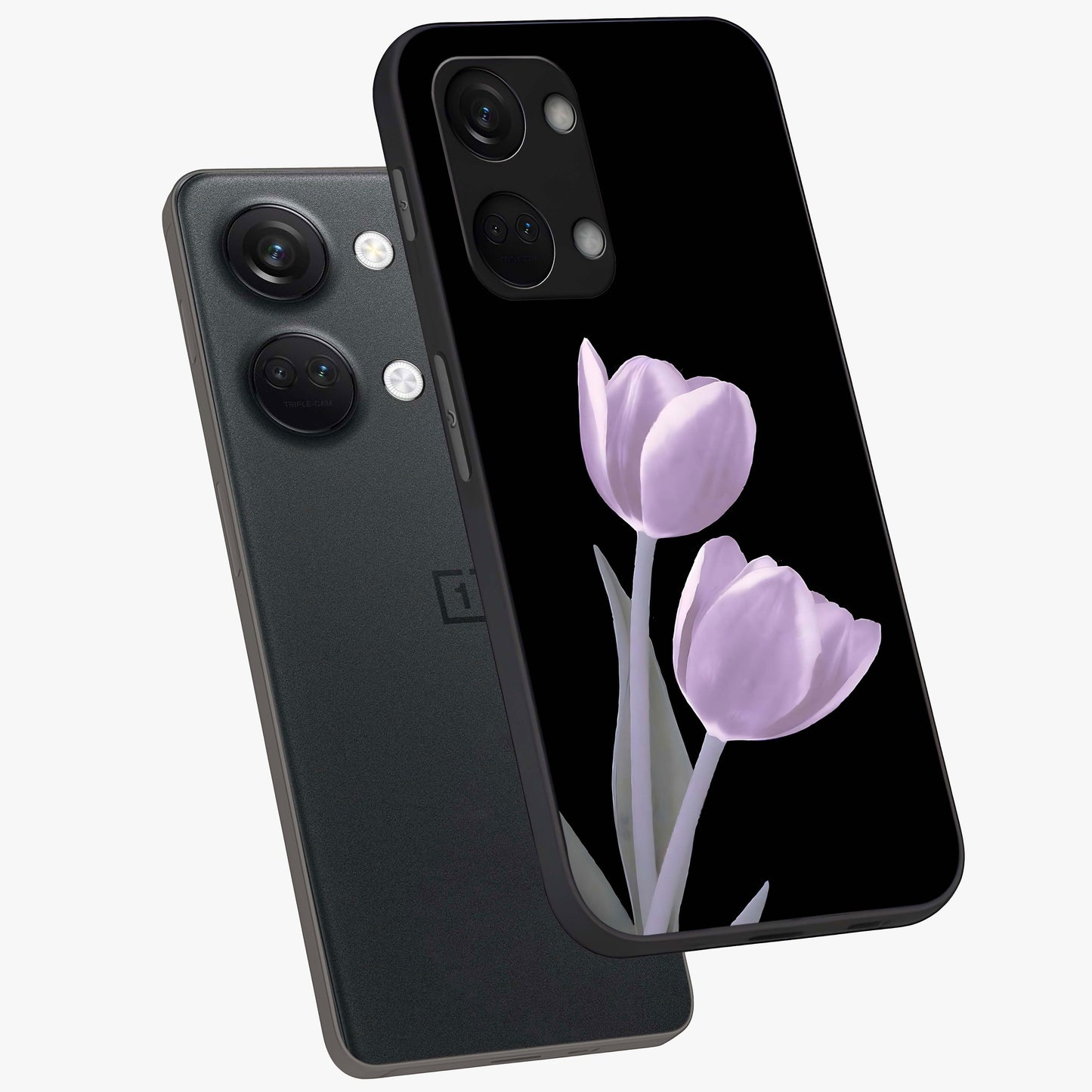 Lilac Tulip Flowers Glass Case for 1+Nord 3 angled mockup showcasing glossy finish and delicate bloom detailing