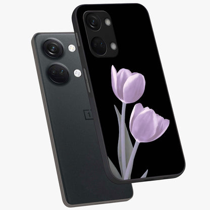 Lilac Tulip Flowers Glass Case for 1+Nord 3 angled mockup showcasing glossy finish and delicate bloom detailing