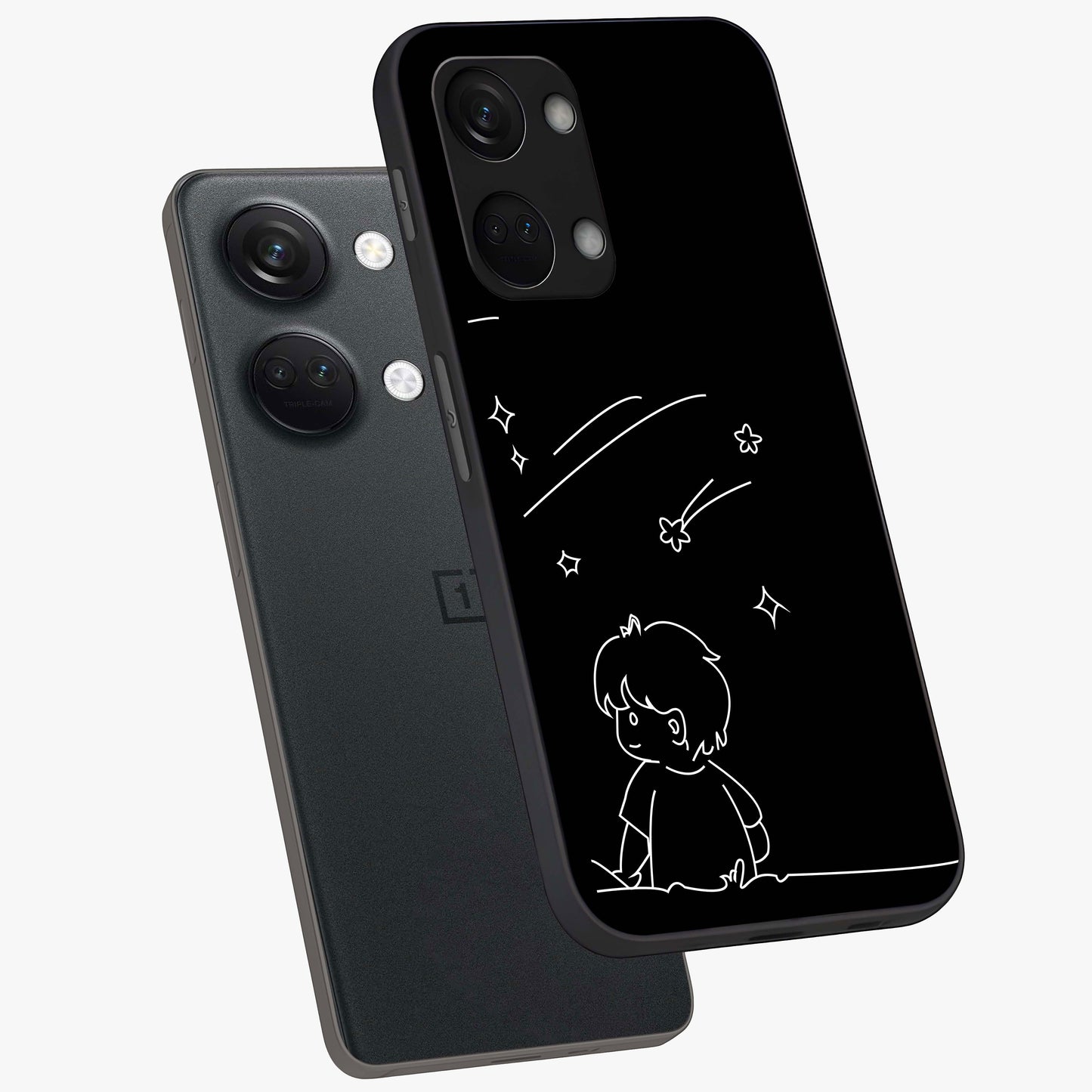 Line Art Boy With Shooting Stars Glass Case for 1+Nord 3 angled mockup showcasing glossy finish and clean monochrome detailing