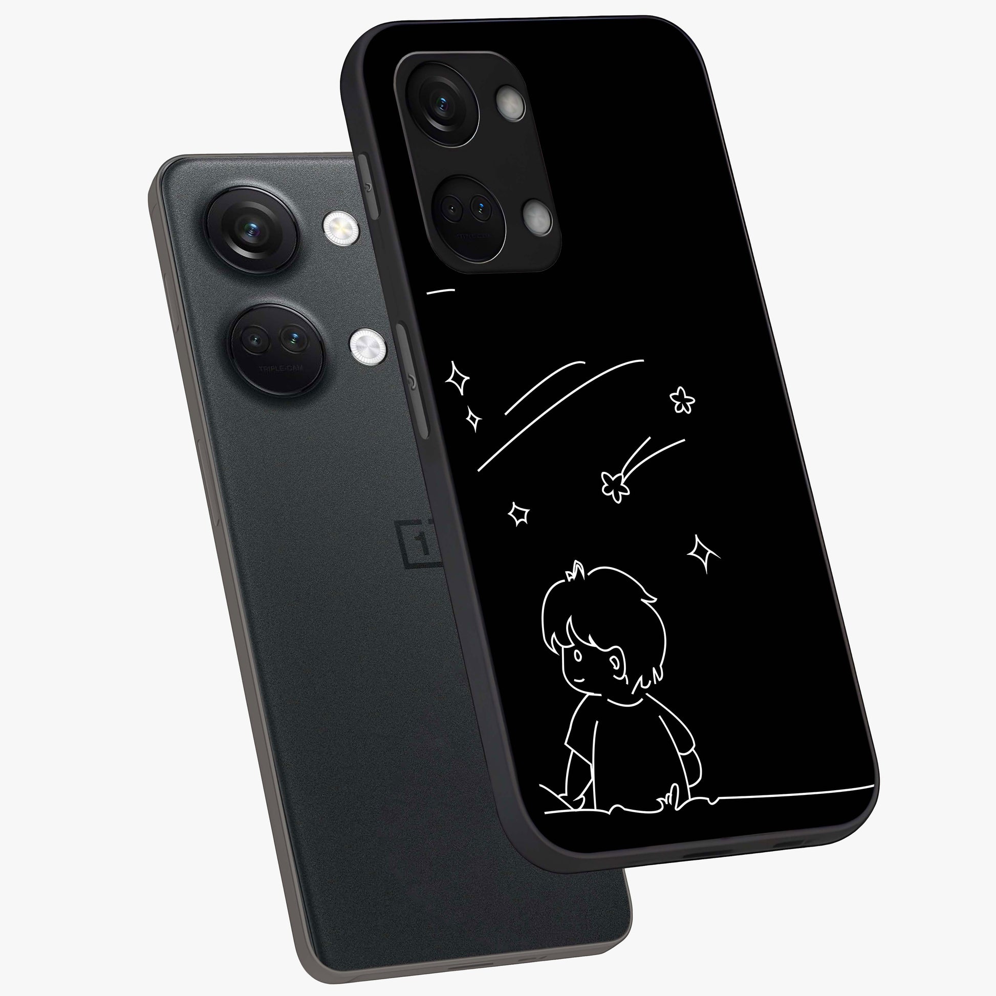 Line Art Boy With Shooting Stars Glass Case for 1+Nord 3 angled mockup showcasing glossy finish and clean monochrome detailing