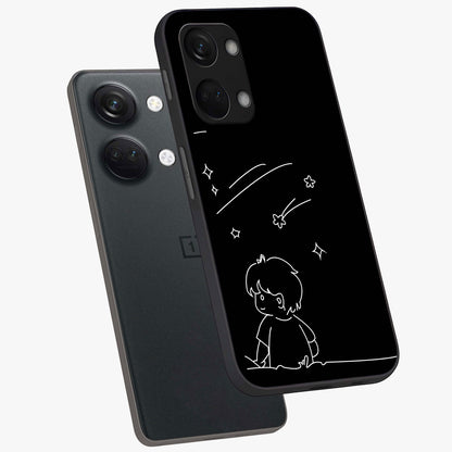 Line Art Boy With Shooting Stars Glass Case for 1+Nord 3 angled mockup showcasing glossy finish and clean monochrome detailing
