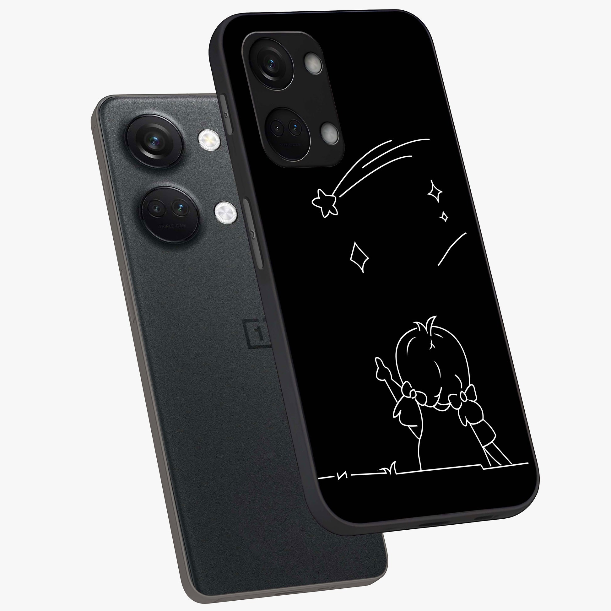 Line Art Girl With Shooting Stars Glass Case for 1+Nord 3 angled mockup showcasing glossy finish and refined artistic detailing