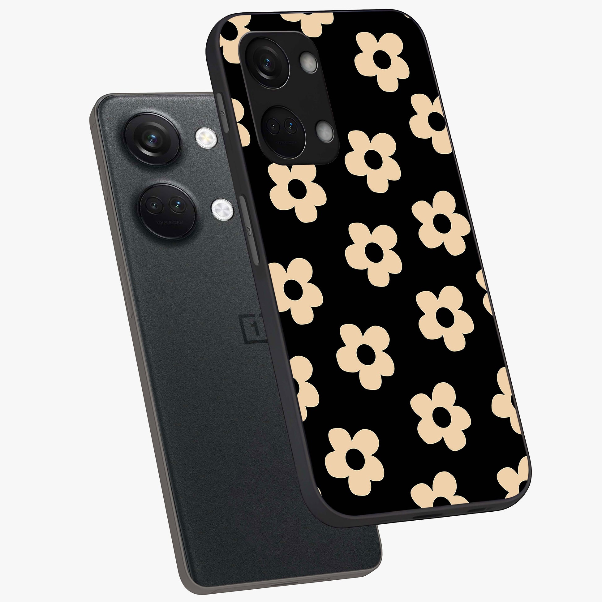 Little Daisy Flower Retro Pattern Glass Case for 1+Nord 3 angled mockup showcasing glossy finish and vintage bloom tones