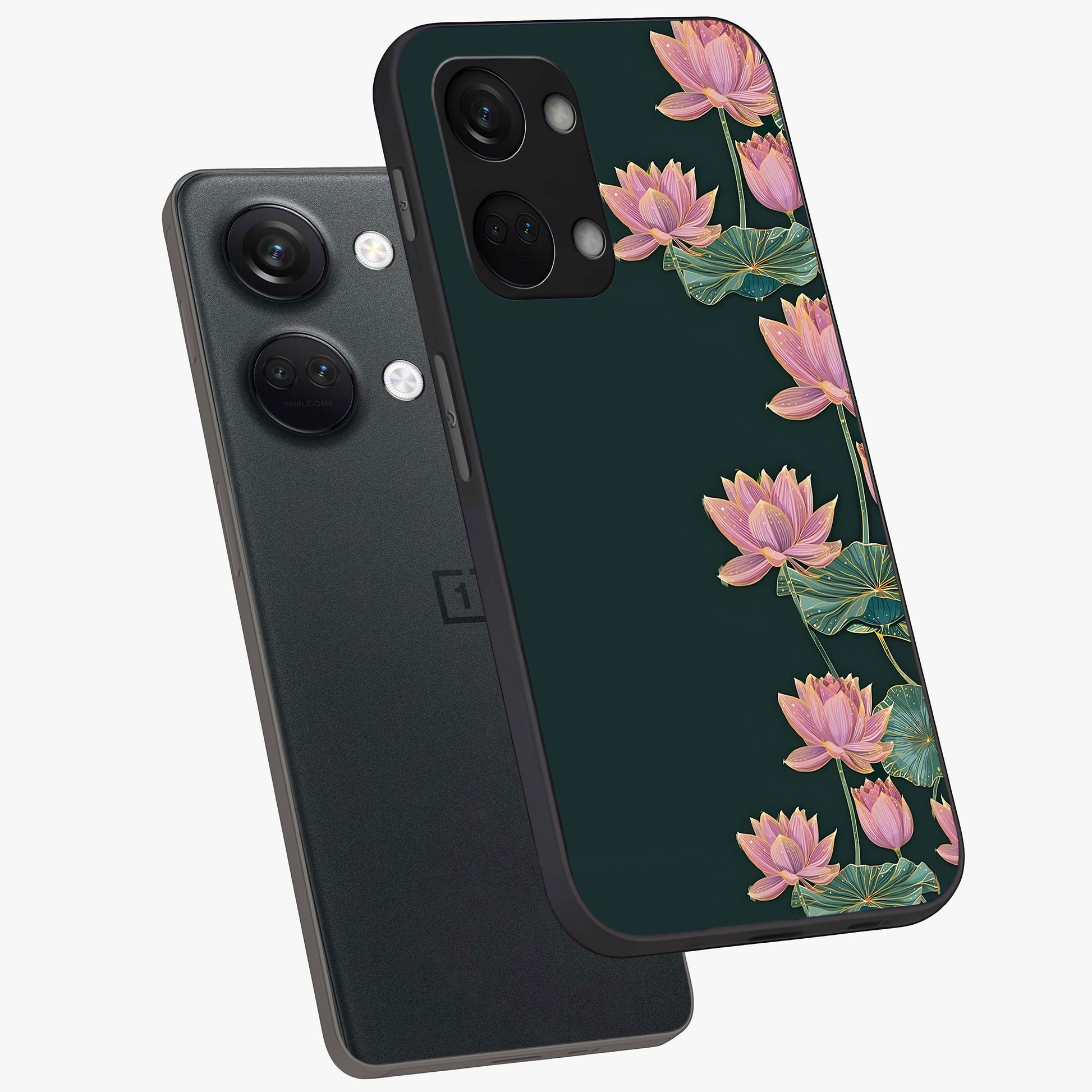 Lotus Bloom Serenity Glass Case for 1+Nord 3 angled mockup showcasing glossy glass finish and calming tones