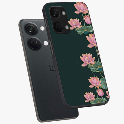 Lotus Bloom Serenity Glass Case for 1+Nord 3 angled mockup showcasing glossy glass finish and calming tones