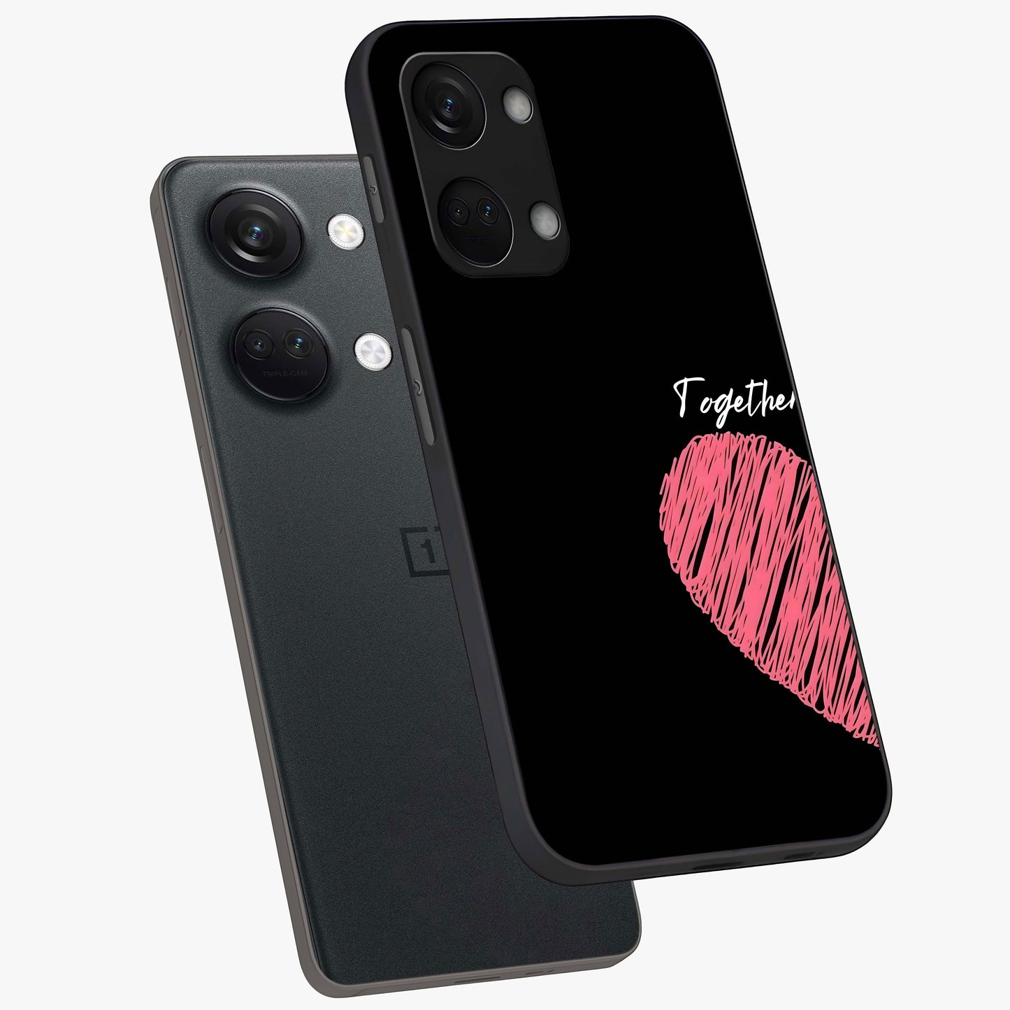 Love Forever Together Left Glass Case for 1+Nord 3 angled mockup showcasing glossy finish and soft love inspired tones