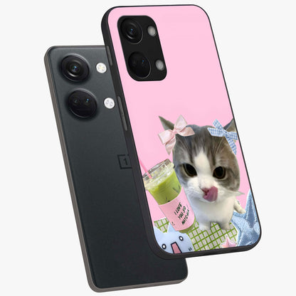 Love Matcha Cat Glass Case for 1+Nord 3 angled mockup showcasing glossy finish and playful pastel tones