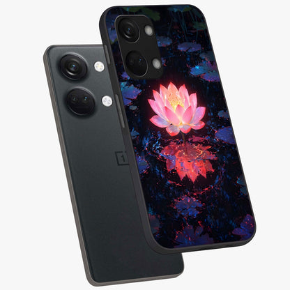 Luminous Lotus Glow Glass Case for 1+Nord 3 angled mockup showcasing glossy finish and warm luminous tones