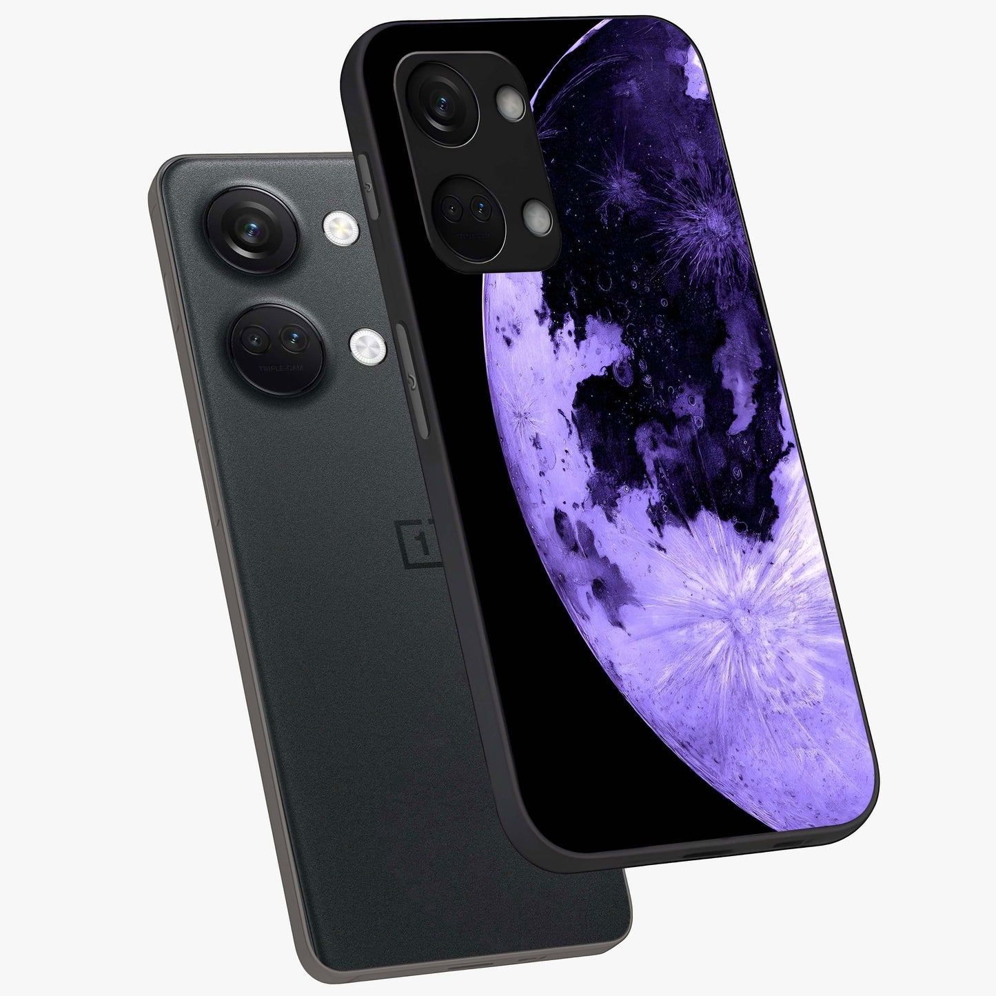 Lunar Glow in Violet Glass Case for 1+Nord 3 angled mockup showcasing glossy finish and soft purple gradients