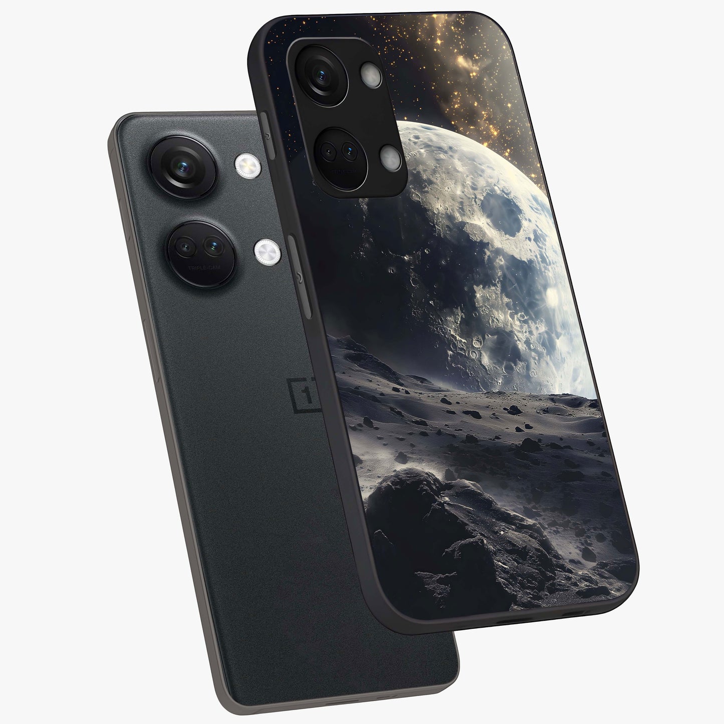 Lunar Horizon Glow Glass Case for 1+Nord 3 angled mockup showcasing glossy finish and warm night tones