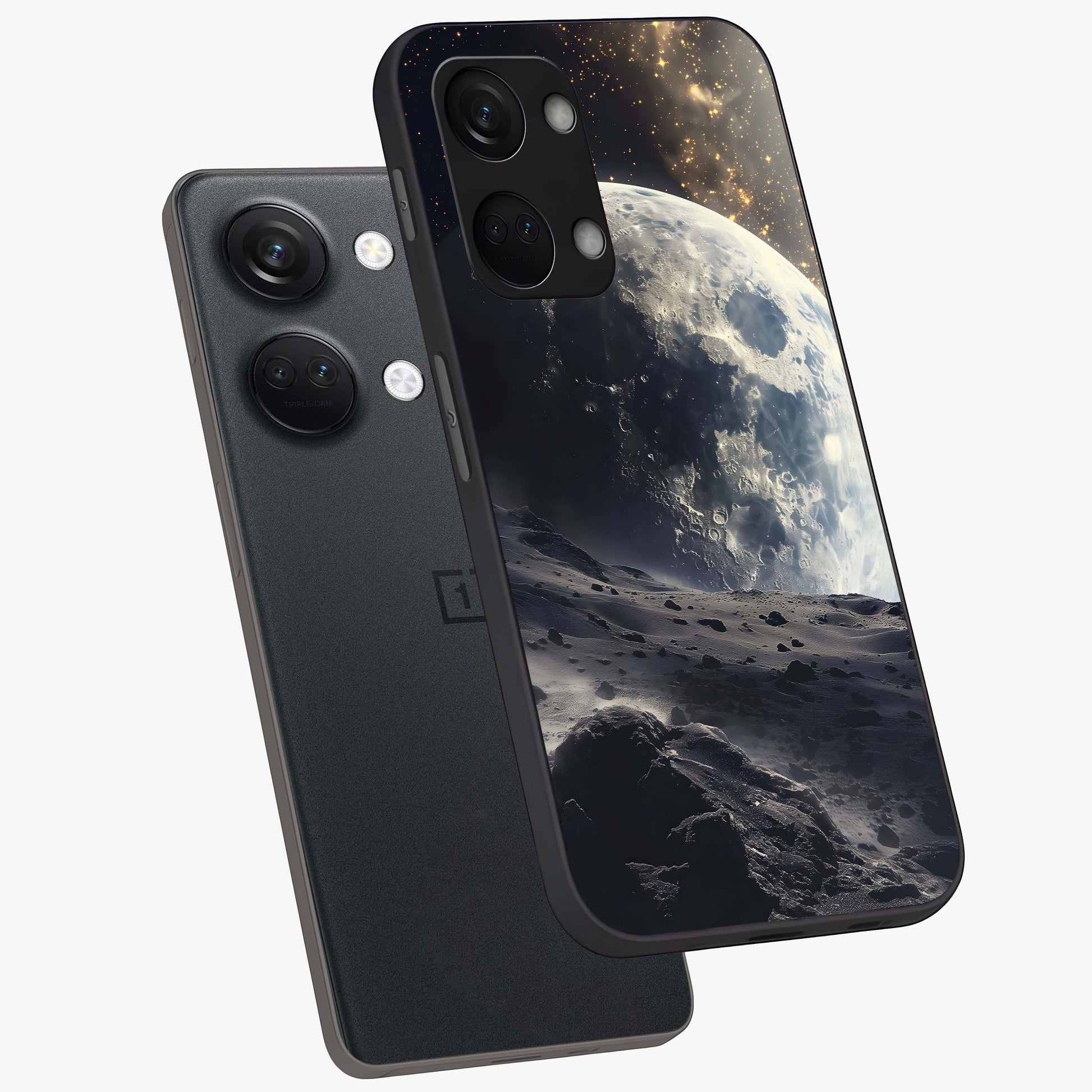 Lunar Horizon Glow Glass Case for 1+Nord 3 angled mockup showcasing glossy finish and warm night tones