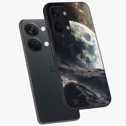 Lunar Horizon Glow Glass Case for 1+Nord 3 angled mockup showcasing glossy finish and warm night tones