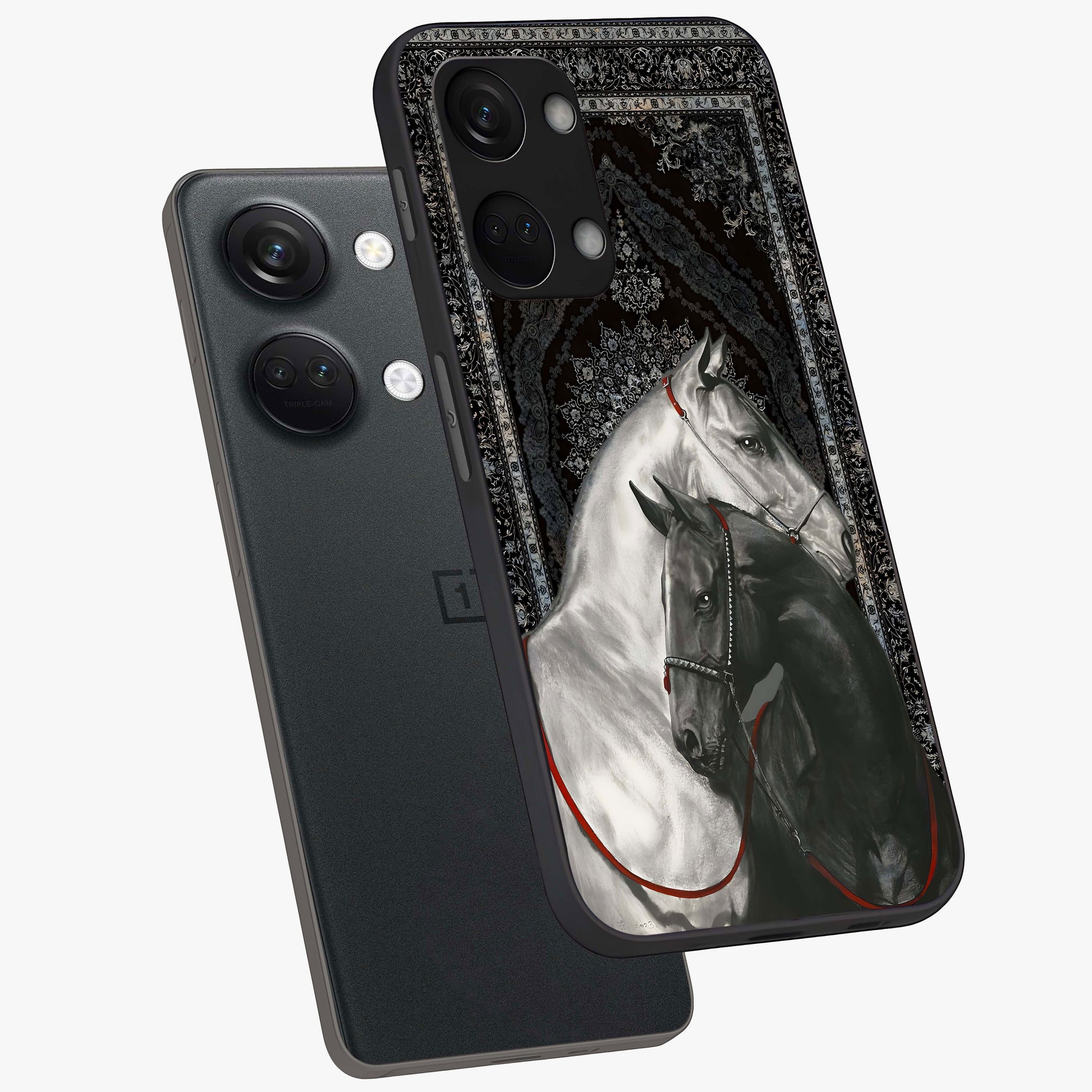 Majestic Ride Legacy Glass Case for 1+Nord 3 angled mockup showcasing glossy finish and strong graphic detailing