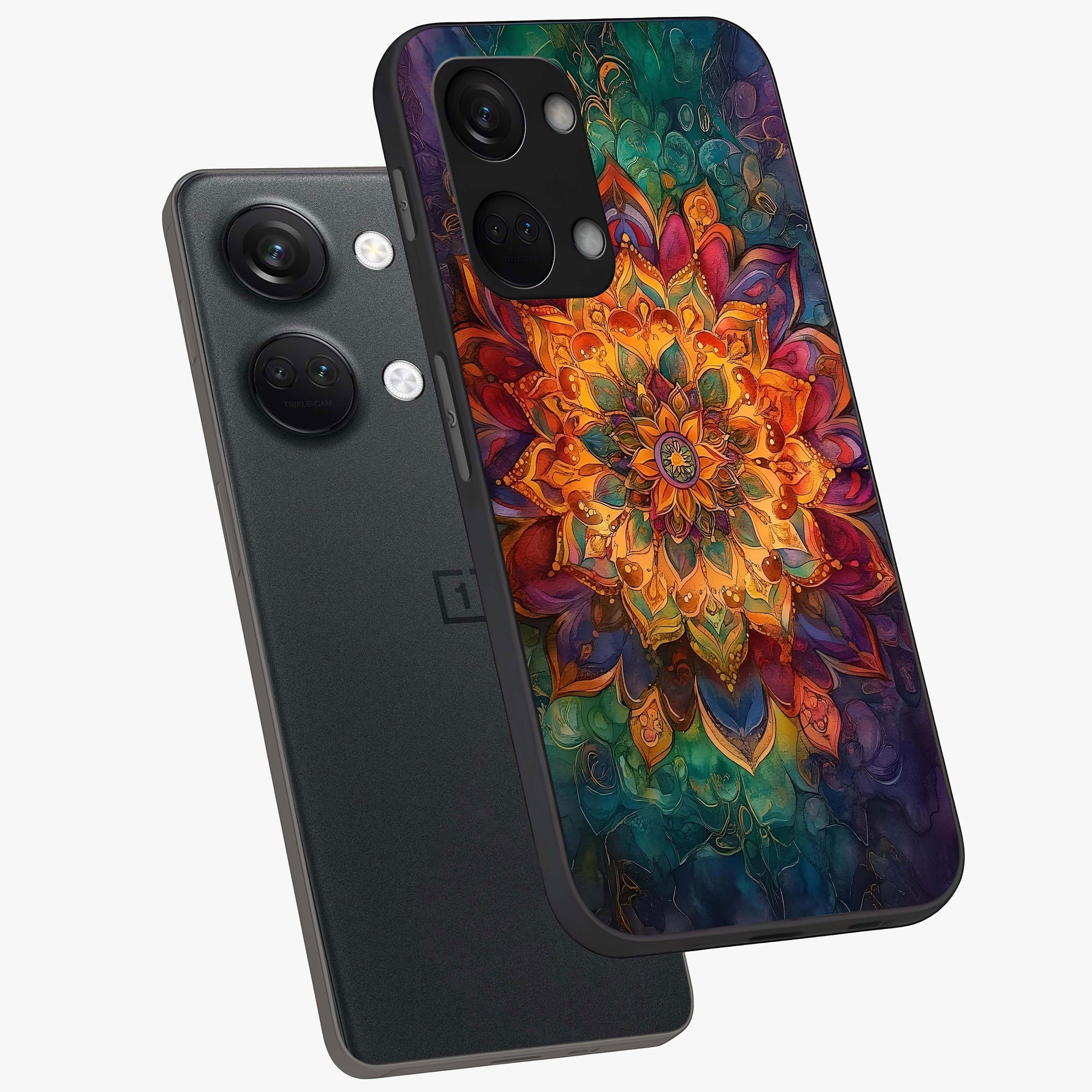 Mandala Vibrants Glass Case for 1+Nord 3 angled mockup showcasing glossy finish and intricate geometric detailing