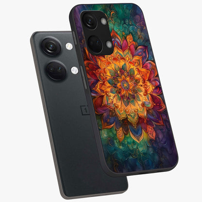 Mandala Vibrants Glass Case for 1+Nord 3 angled mockup showcasing glossy finish and intricate geometric detailing