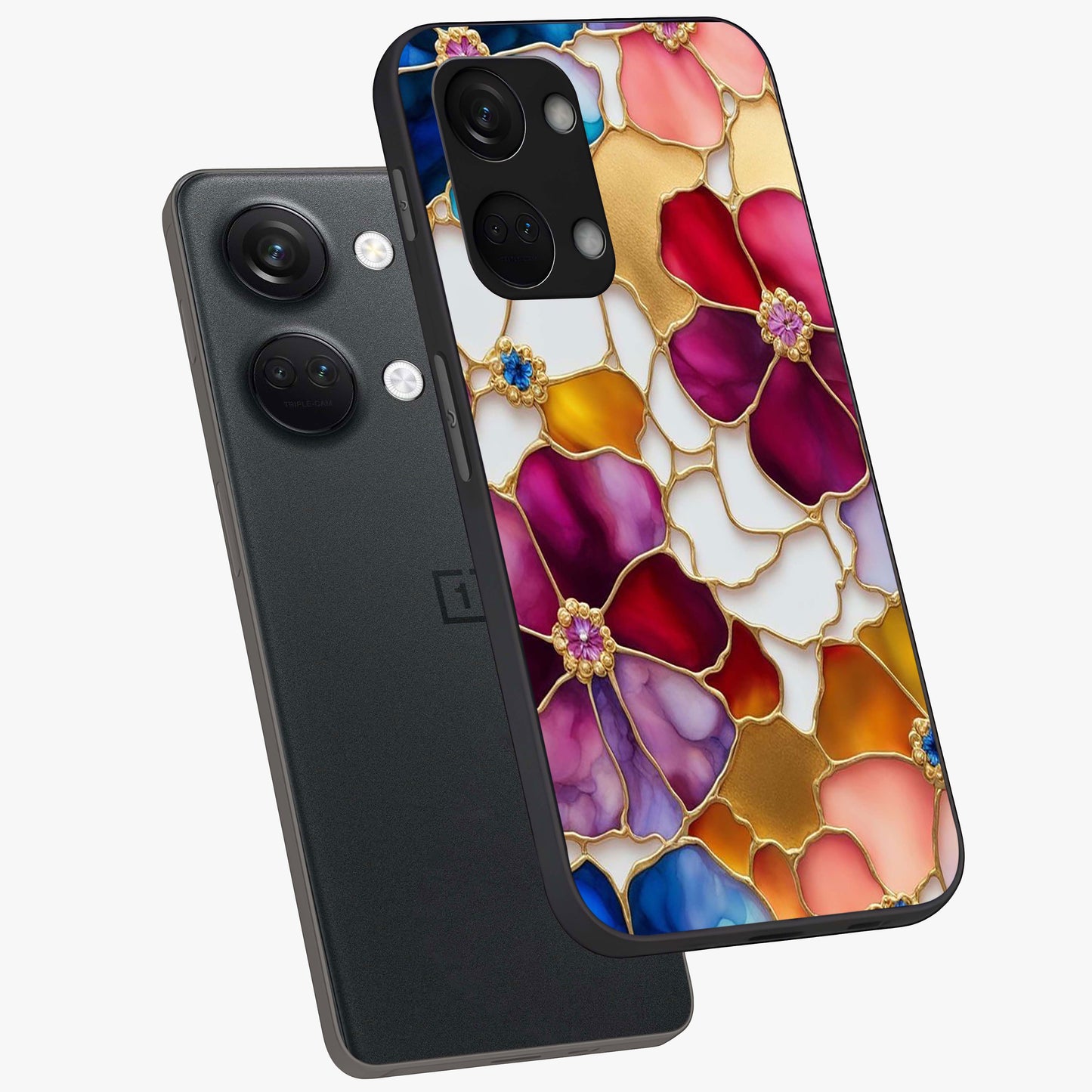 Marble Flower Pattern Glass Case for 1+Nord 3 angled mockup showcasing glossy finish and detailed bloom accents