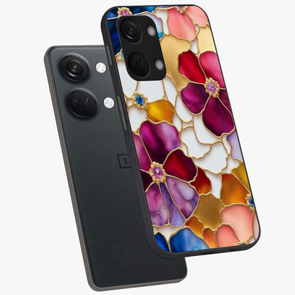 Marble Flower Pattern Glass Case for 1+Nord 3 angled mockup showcasing glossy finish and detailed bloom accents