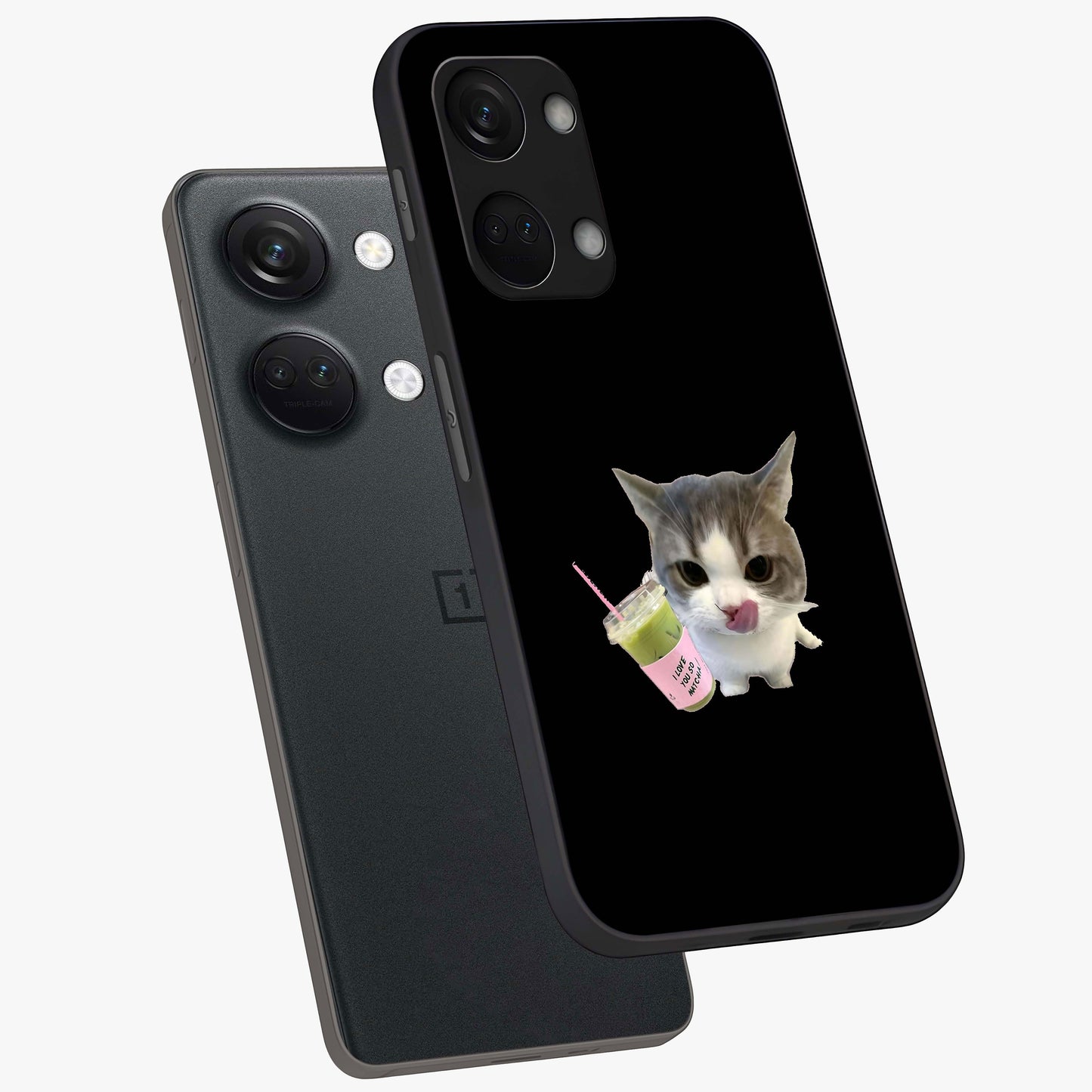 Matcha Cat Style Glass Case for 1+Nord 3 angled mockup showcasing glossy glass finish and playful pastel detailing