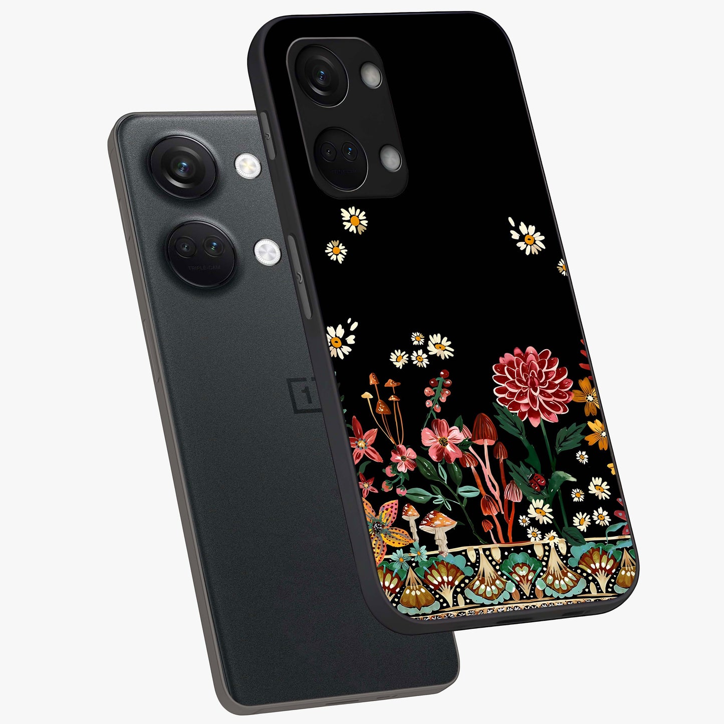 Midnight Bloom Pattern Glass Case for 1+Nord 3 angled mockup showcasing glossy finish and rich bloom detailing