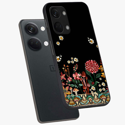 Midnight Bloom Pattern Glass Case for 1+Nord 3 angled mockup showcasing glossy finish and rich bloom detailing