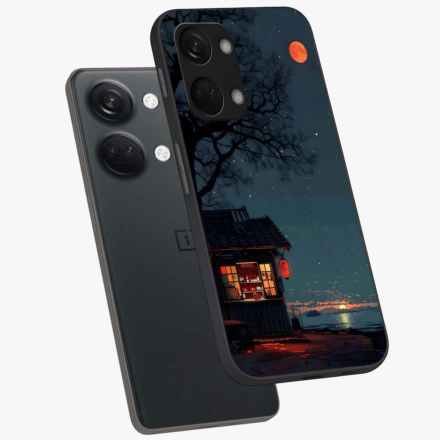 Midnight Lantern Glow Glass Case for 1+Nord 3 angled mockup showcasing glossy finish and warm luminous tones