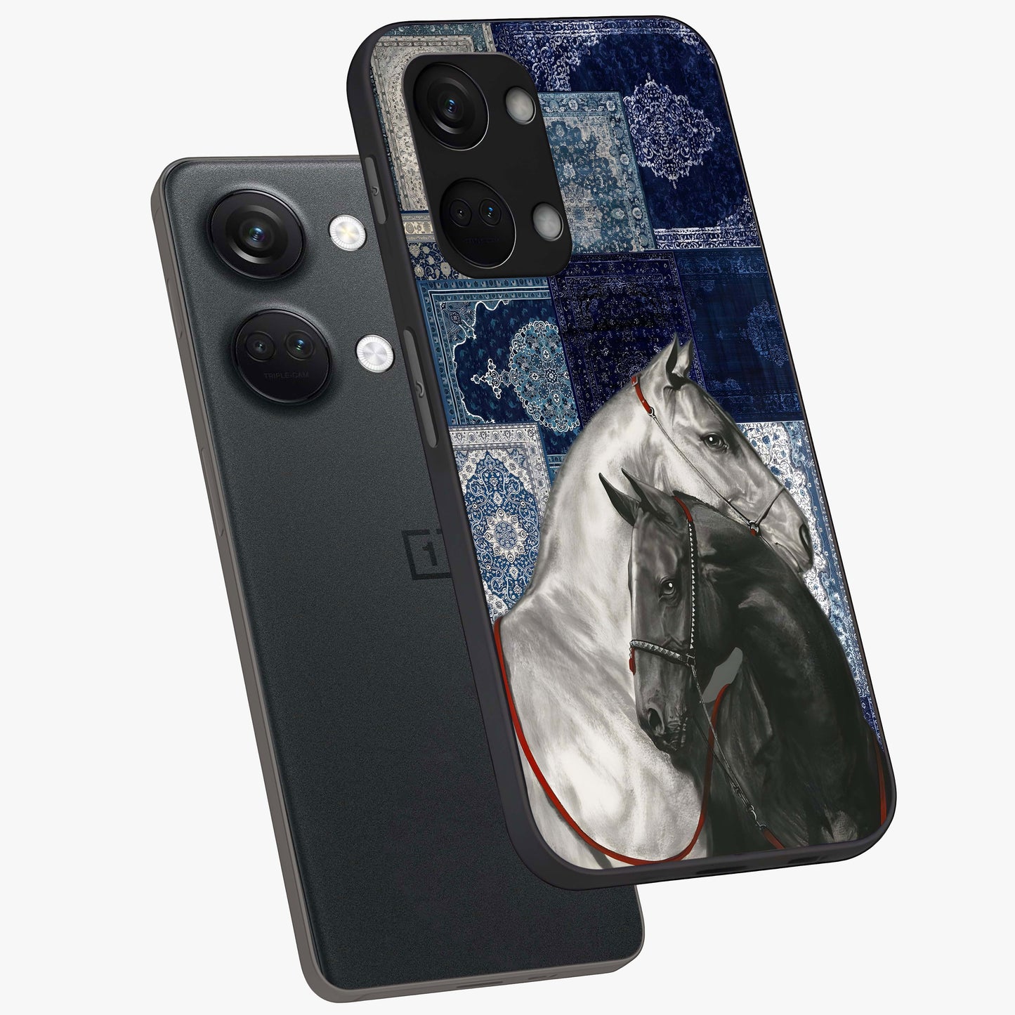Midnight Stallion Blues Glass Case for 1+Nord 3 angled mockup showcasing glossy finish and dramatic equestrian detailing