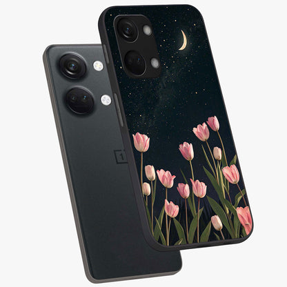 Midnight Tulip Whispers Vibe Glass Case for 1+Nord 3 angled mockup showcasing glossy finish and subtle bloom detailing