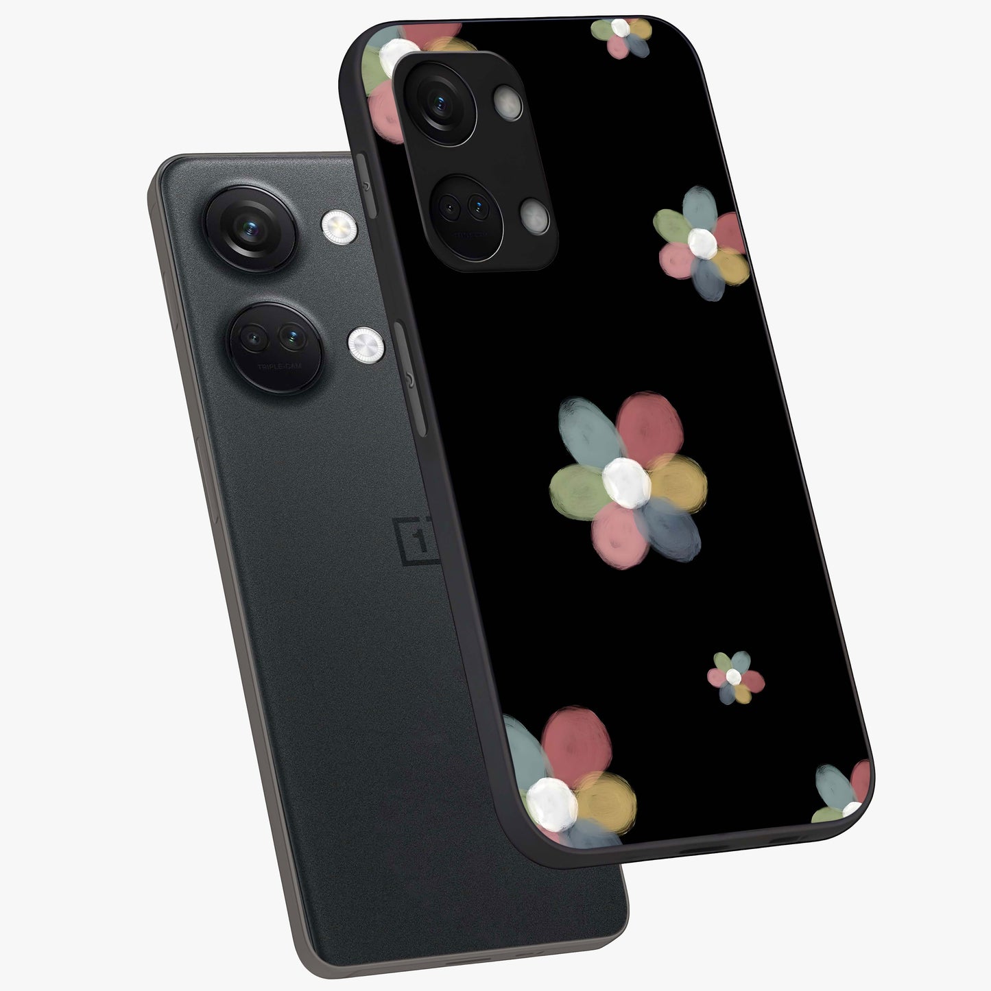 Minimal Floral Charm Glass Case for 1+Nord 3 angled mockup showcasing glossy finish and soft pastel tones
