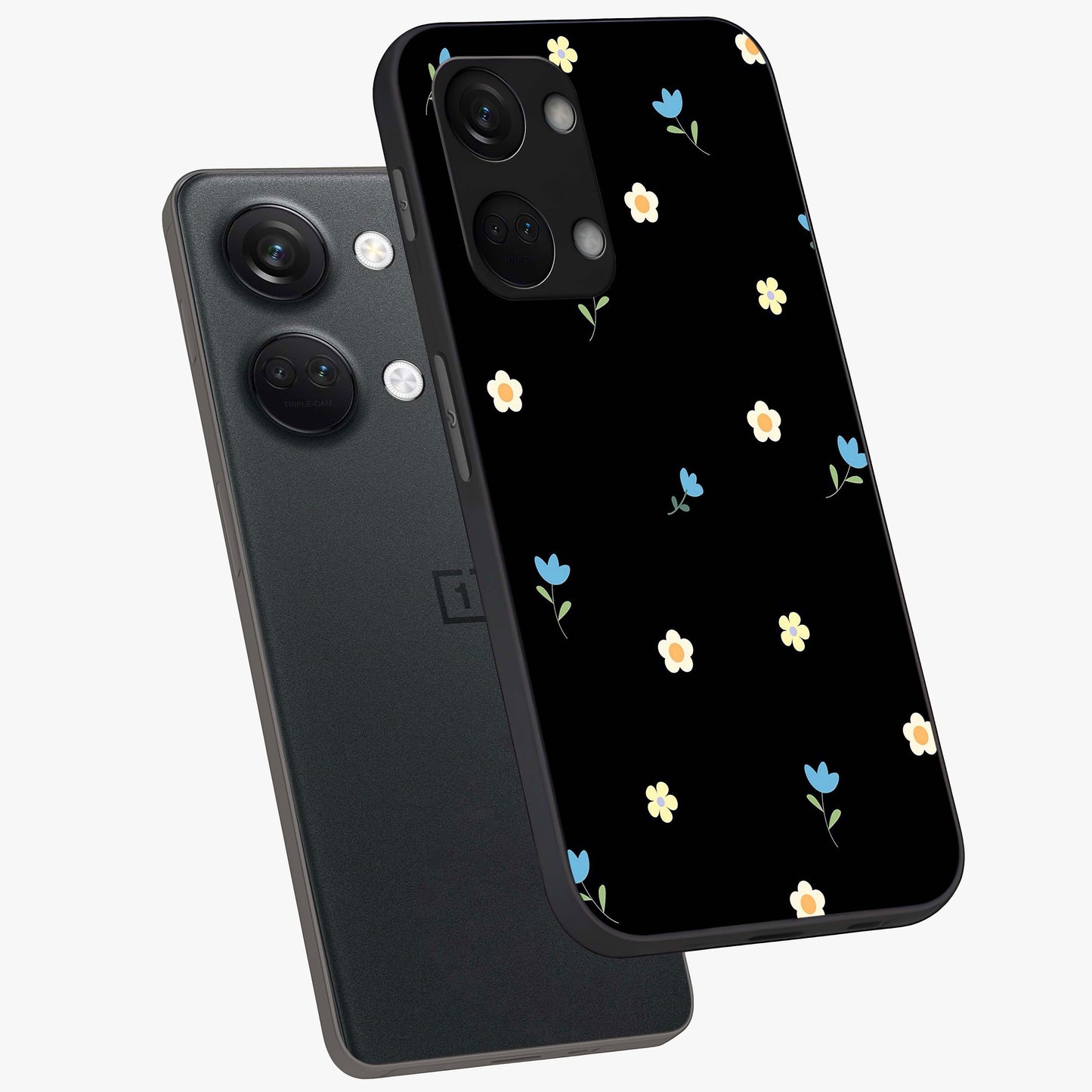 Minimalistic Blue With White Flower Pattern Glass Case for 1+Nord 3 angled mockup showcasing glossy finish and crisp clean detailing